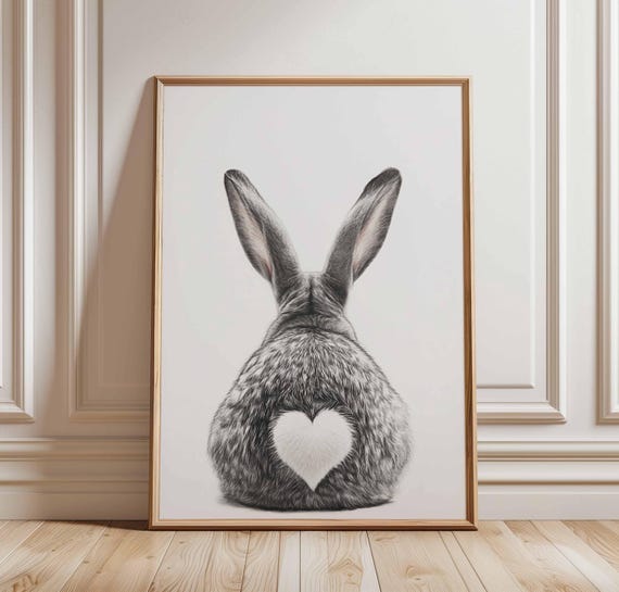 Bunny Poster Cute Rabbit Wall Art Black And White Animal Print With Heart Nursery Decor Butt Illustration Gift
