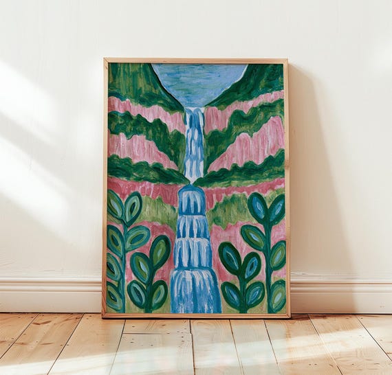 Pink Waterfall Print Green Mountain Wall Art Woodblock Poster