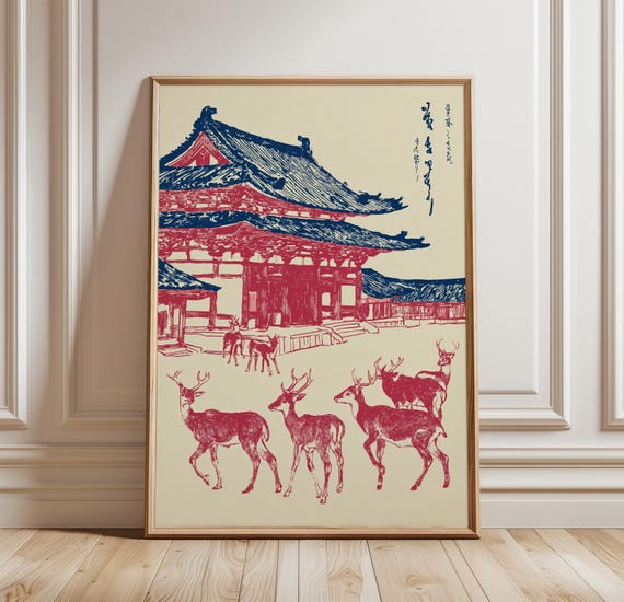 Deer Wall Art Poster Japanese Temple Scene Nara Inspired Animal Illustration Red Blue Minimal Decor Vintage Woodblock Style