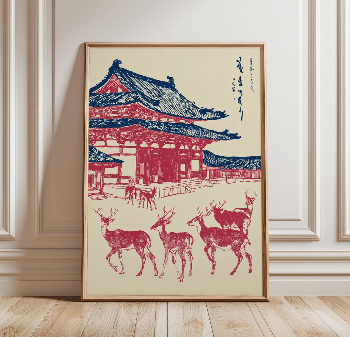 Deer Temple Poster Red Blue Japanese Woodblock Animal Scene Art