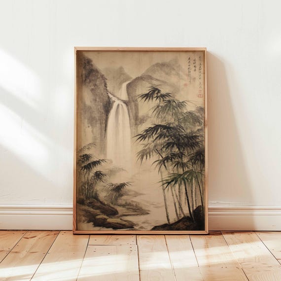 Japanese Waterfall Bamboo Print Zen Ink Landscape Poster Vintage Asian Nature Wall Art Wabi Sabi Painting Oriental Decor