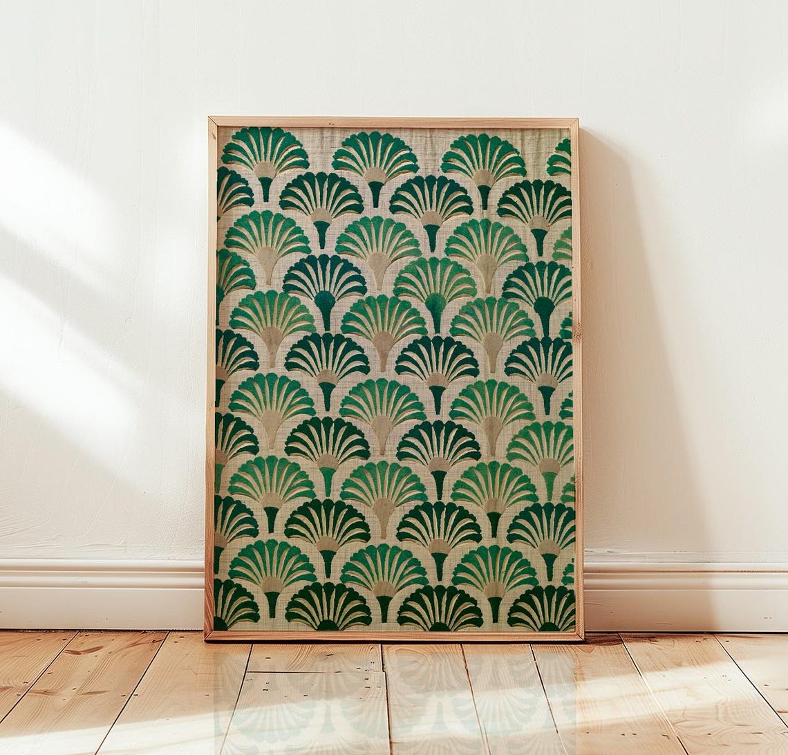 Emerald Green Art Deco Fan Pattern Vintage Palm Leaf Wall Art