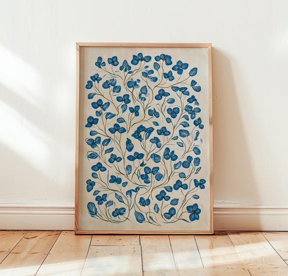 Blue Floral Botanical Poster Scandinavian Wall Art Folk Flower Print