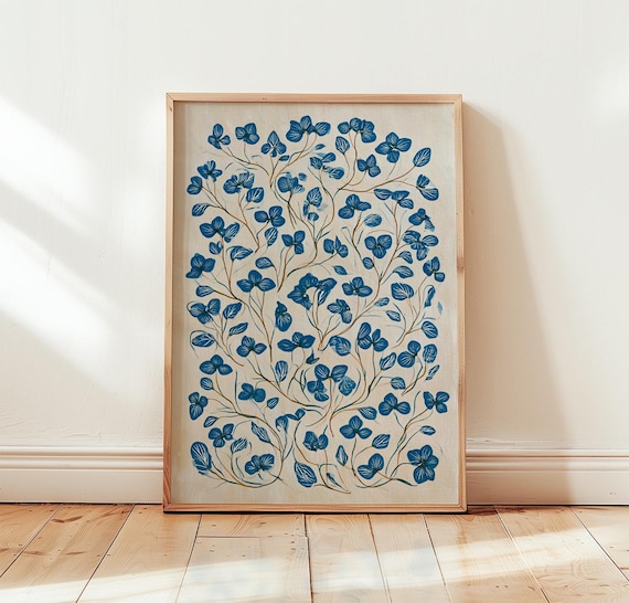 Blue Vine Floral Pattern Botanical Scandinavian Style Art Poster