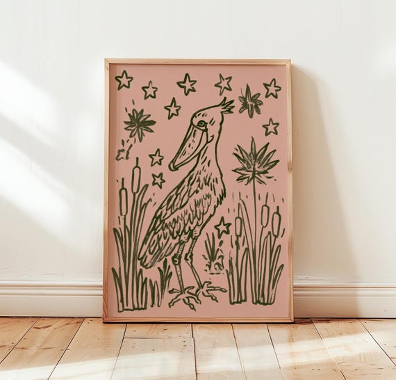 Shoebill Bird Folk Wildlife Print, Botanical Nature