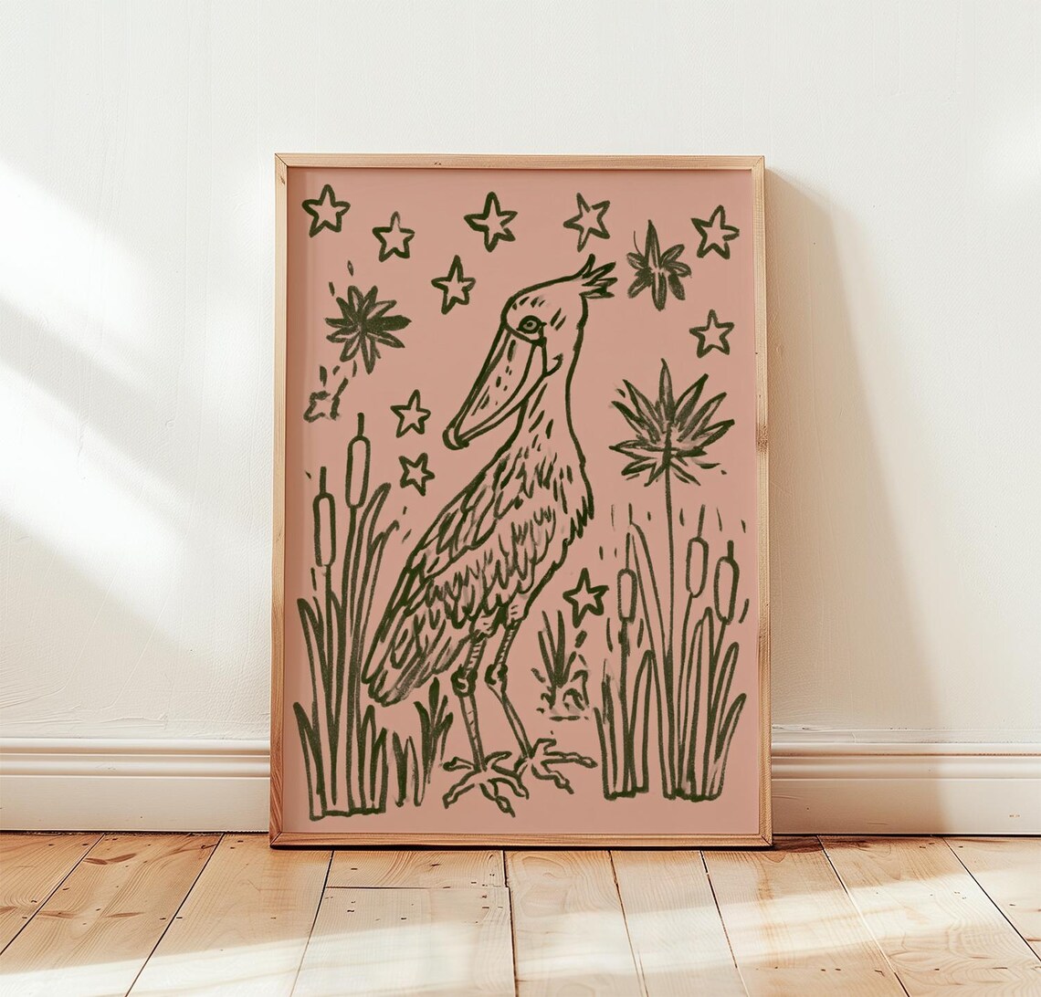 Shoebill Bird Folk Wildlife Print, Botanical Nature