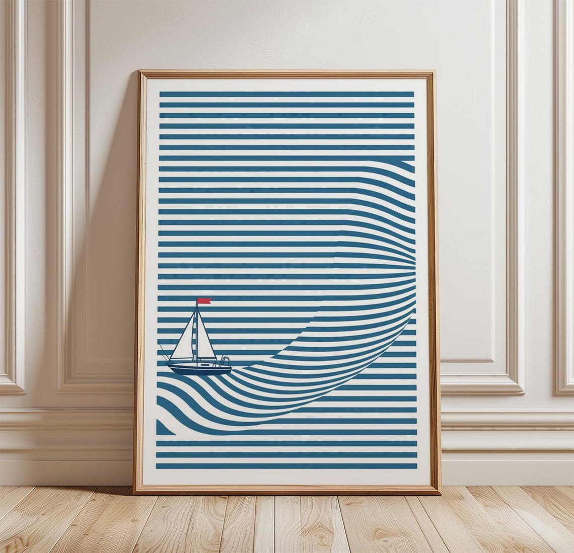 Sailboat Optical Line Waves Minimalist Nautical Coastal Poster