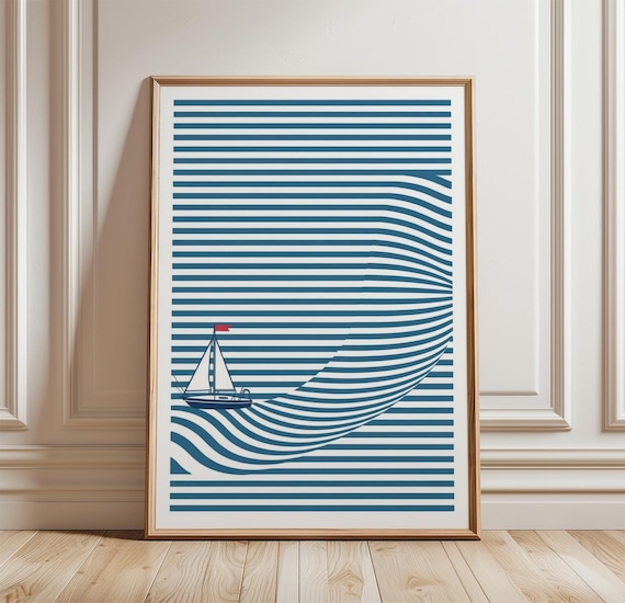 Sailboat Optical Line Waves Minimalist Nautical Coastal Poster