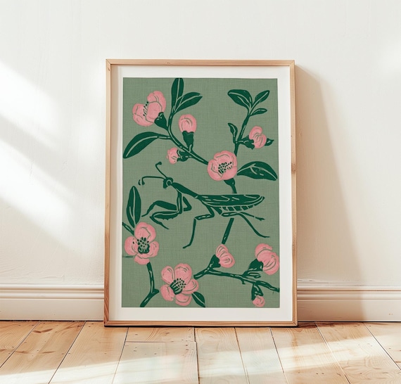 Praying Mantis Woodblock Pink Blossom Sage Botanical Art Poster