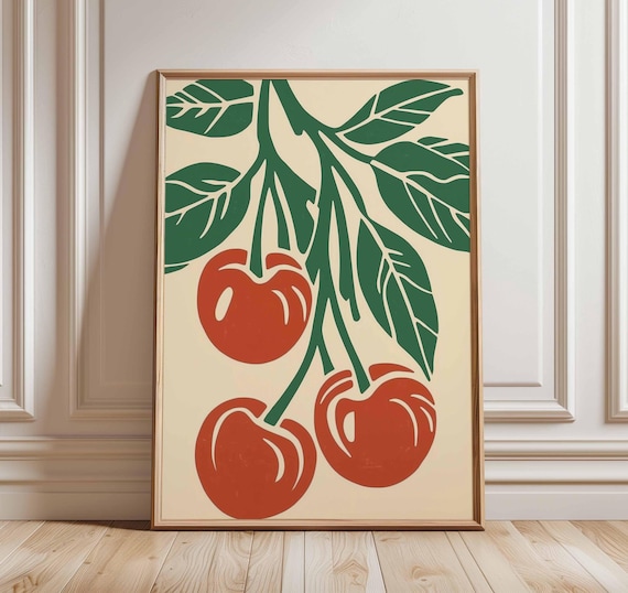 Rustic Red Cherry Branch Vintage Farmhouse Fruit Kitchen Art Poster