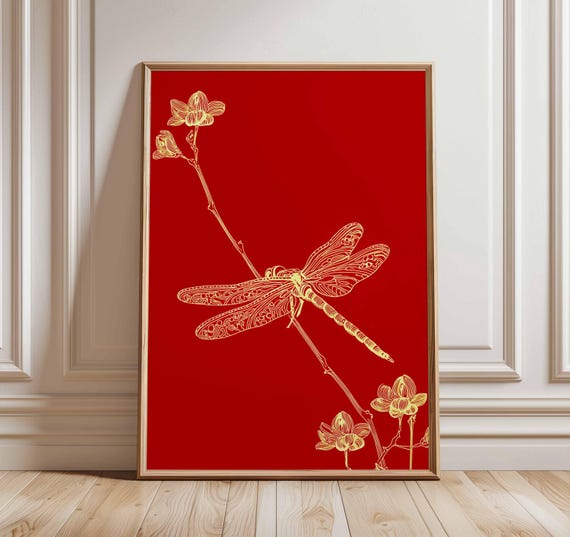 Gold Dragonfly On Red Poster Elegant Minimalist Insect Wall Art Botanical Line Drawing Print For Modern Home Decor