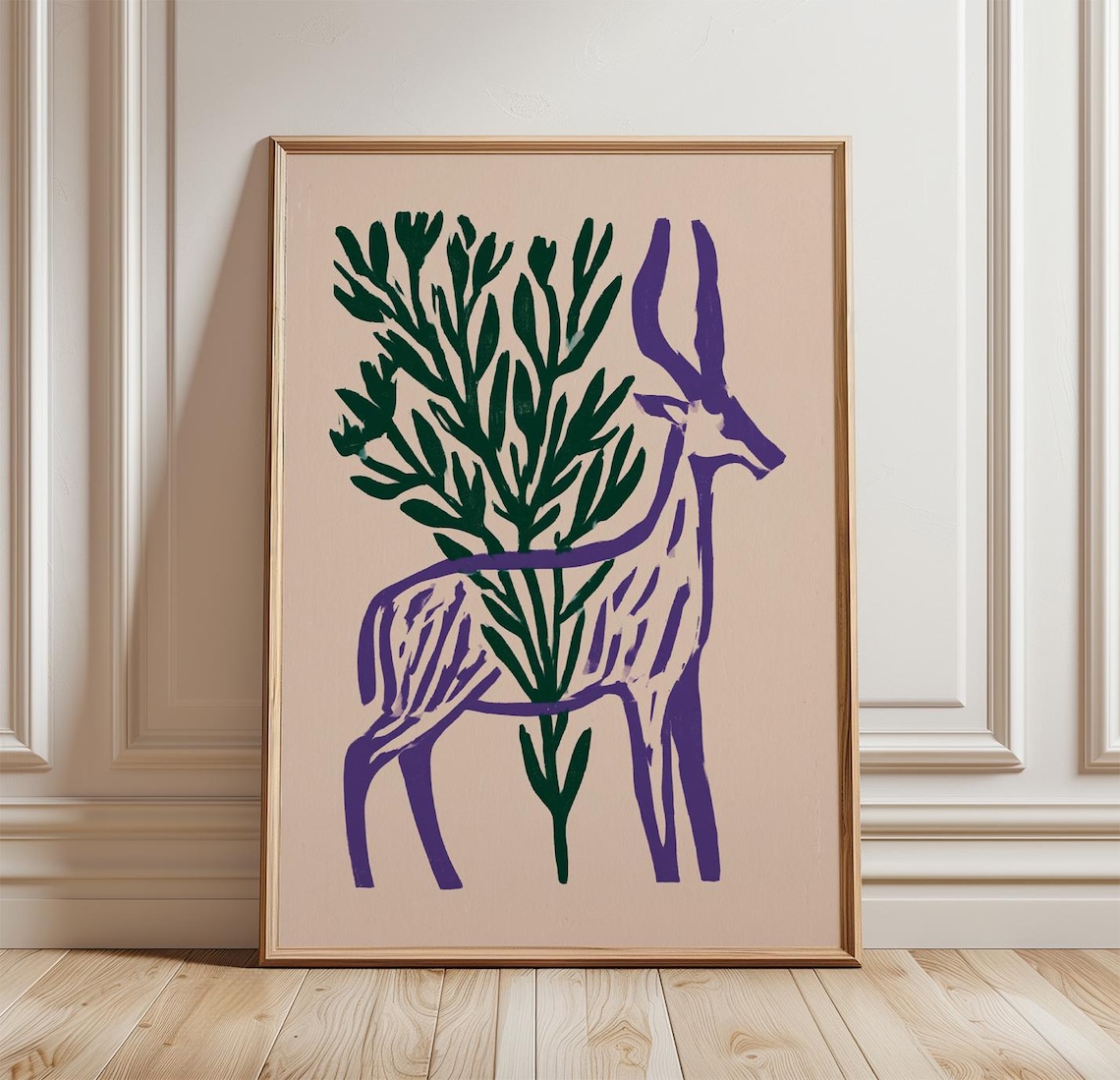 Saiga Antelope Poster, Purple Linocut Botanical