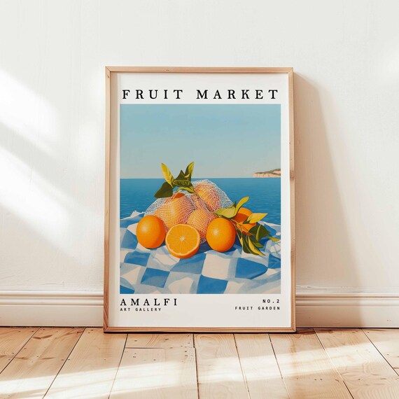 Amalfi Oranges in Net Bag by the Sea Coastal Fruit Market Poster