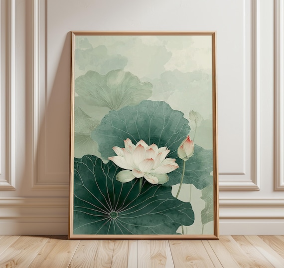 Lotus Flower Wall Art Print Minimal Botanical Painting Asian Zen Decor Green Nature Illustration Elegant Floral Artwork For Home