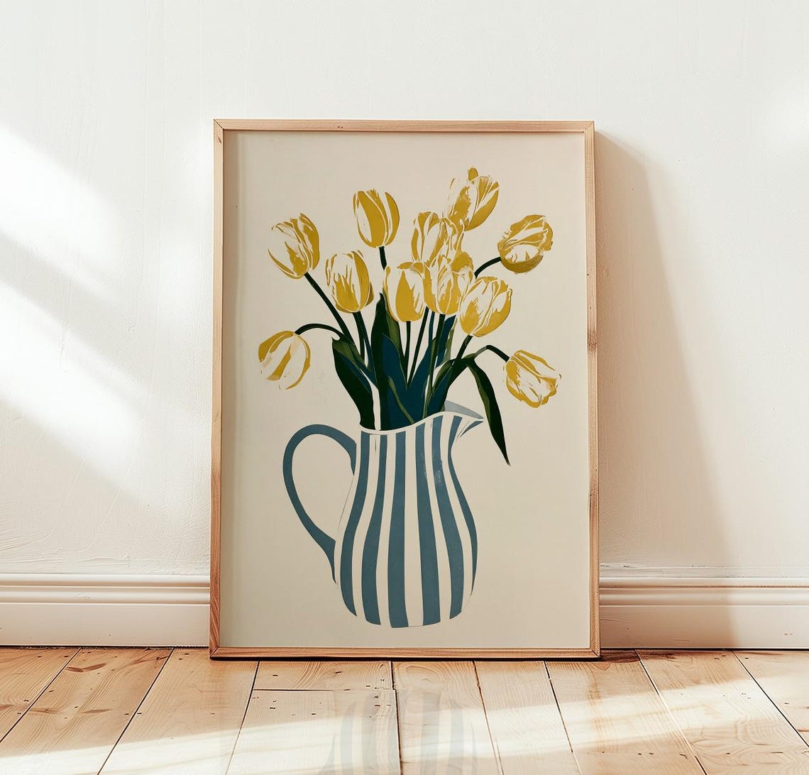 Yellow Tulips in Striped Pitcher Vase Spring Floral Wall Art
