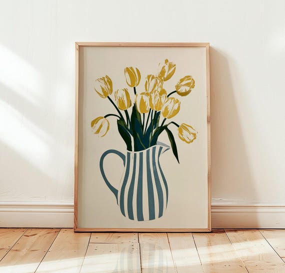 Yellow Tulip Print Botanical Linocut Wall Art Striped Pitcher Floral Poster