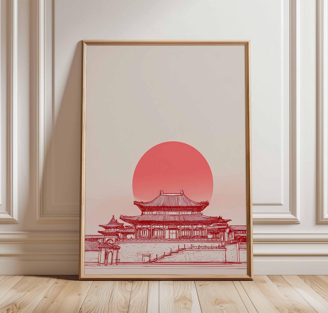 Asian Temple Poster Print Red Sun Minimalist Wall Art Japanese Chinese Architecture Decor Zen Line Drawing Artwork Unframed