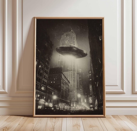 UFO Over New York Skyline Vintage Retro Sci Fi Night Scene Poster