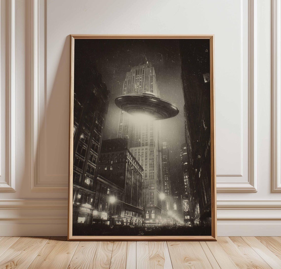 UFO Over New York Skyline Vintage Retro Sci Fi Night Scene Poster