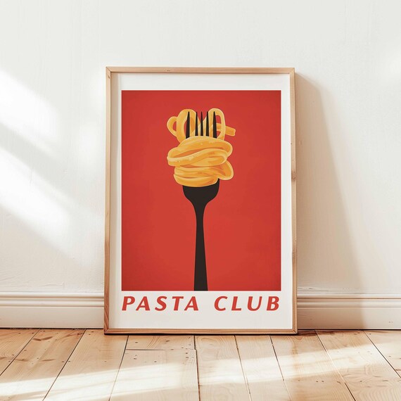 Pasta Club Poster Bold Italian Kitchen Wall Art Minimal Spaghetti Fork Print Retro Food Illustration Unframed Dining Decor