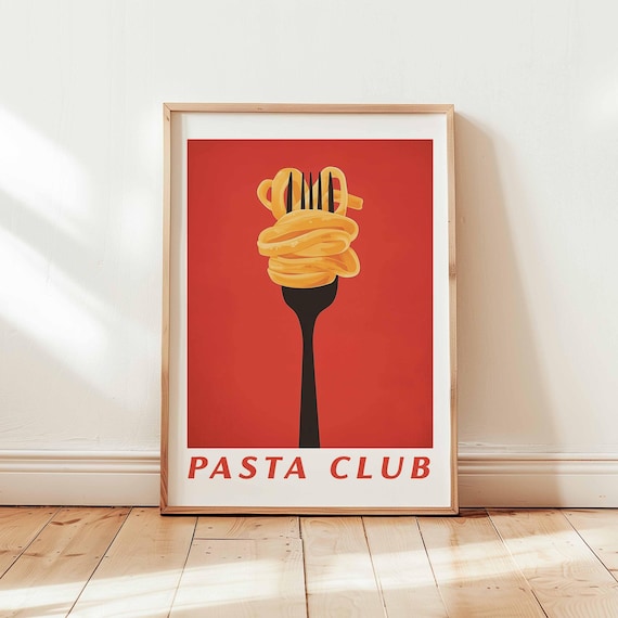 Pasta Club Twirled Spaghetti Fork Bold Red Minimal Food Poster