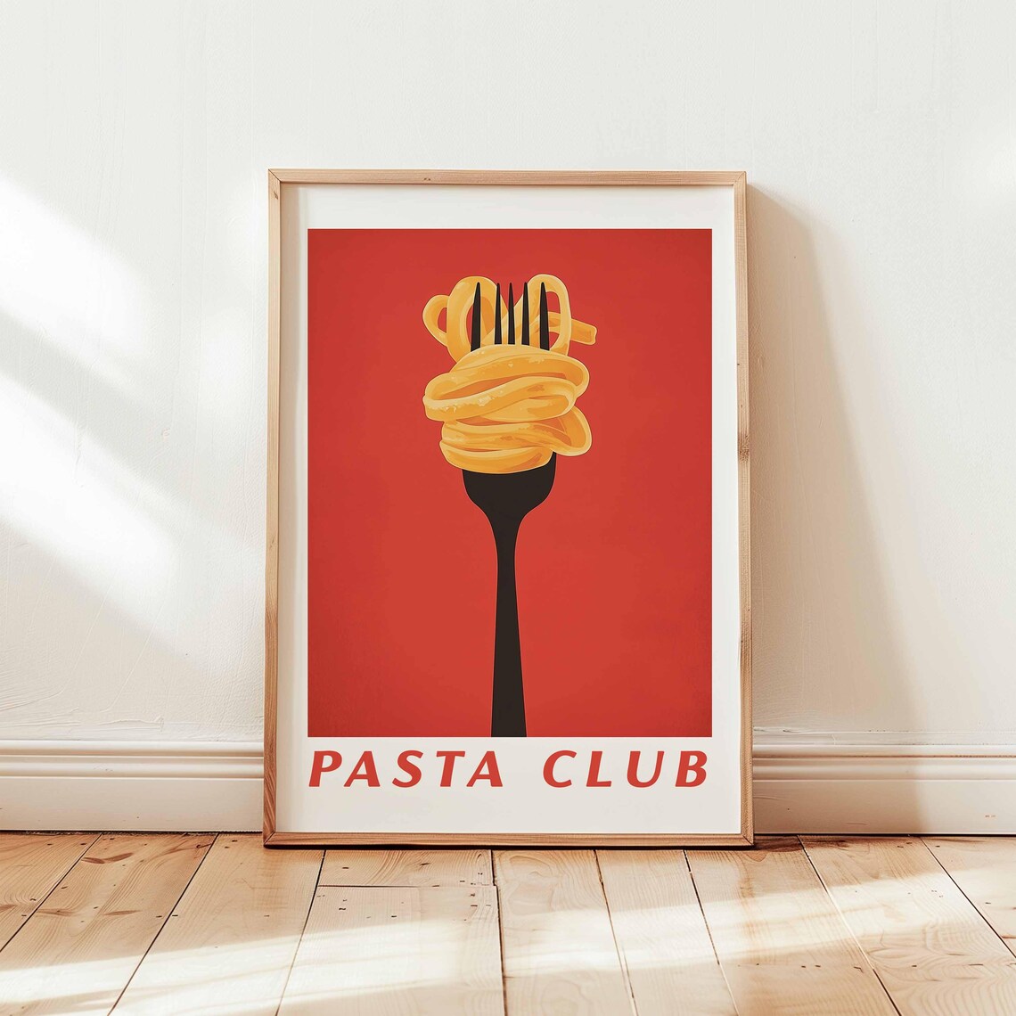 Pasta Club Twirled Spaghetti Fork Bold Red Minimal Food Poster