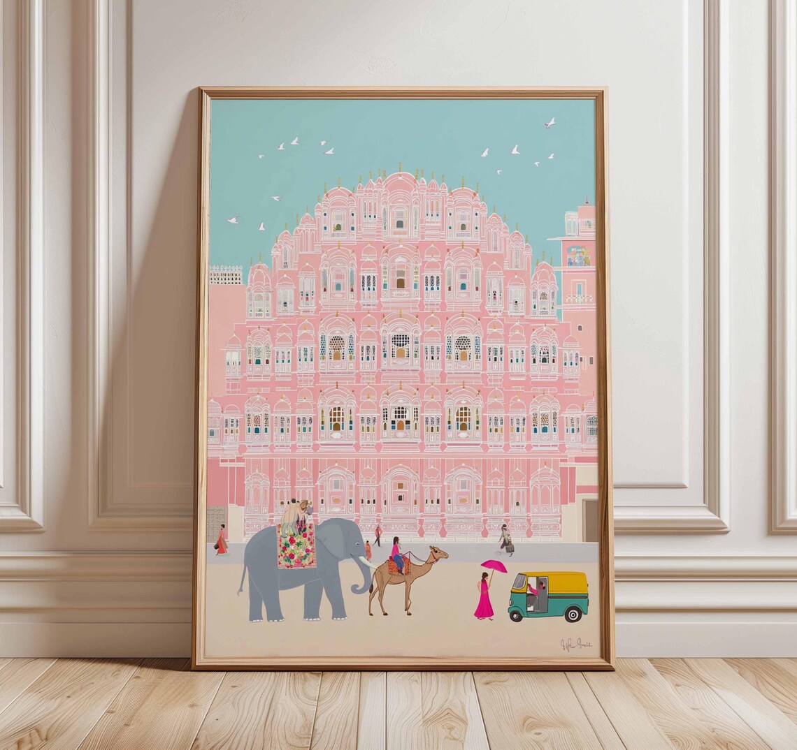 Jaipur Hawa Mahal Pink Palace India Travel Elephant Camel Tuk Tuk Poster