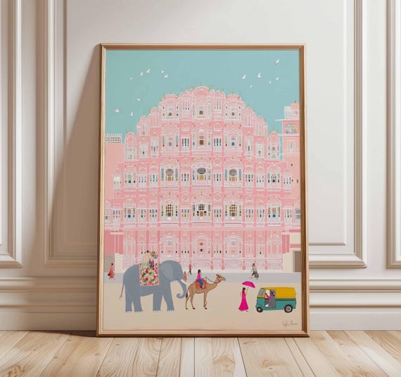Jaipur Palace Poster India Travel Wall Art Hawa Mahal Architecture Print Colorful Cityscape Illustration Exotic Cultural Decor