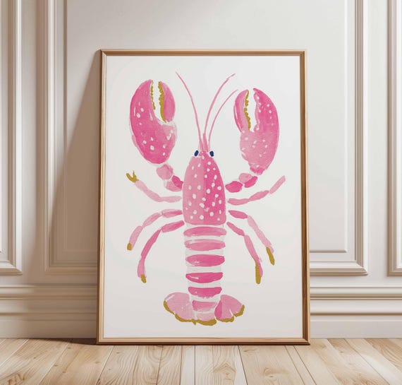 Pink Lobster Poster Print, Coastal Kitchen Decor