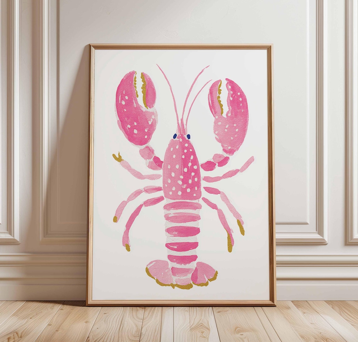 Pink Lobster Poster Print, Coastal Kitchen Decor