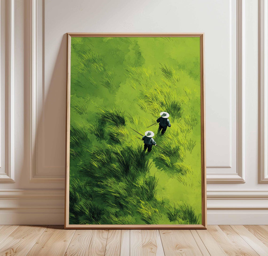 Green Rice Field Poster with Farmers Walking Through Tall Grass