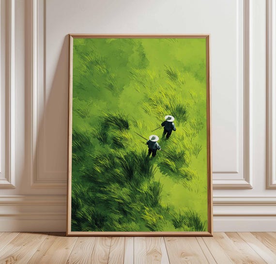 Green Rice Field Wall Art Print Minimalist Landscape Poster Asian Farmers Nature Scene Modern Zen Decor Peaceful Countryside