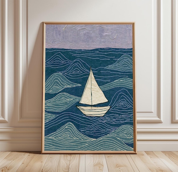 Blue Sailboat Ocean Poster, Coastal Nautical