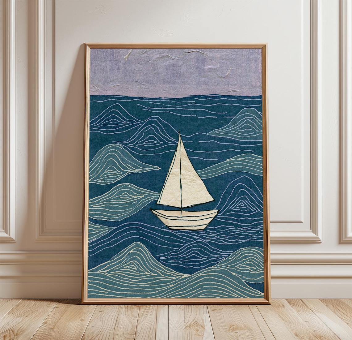 Blue Sailboat Ocean Poster, Coastal Nautical