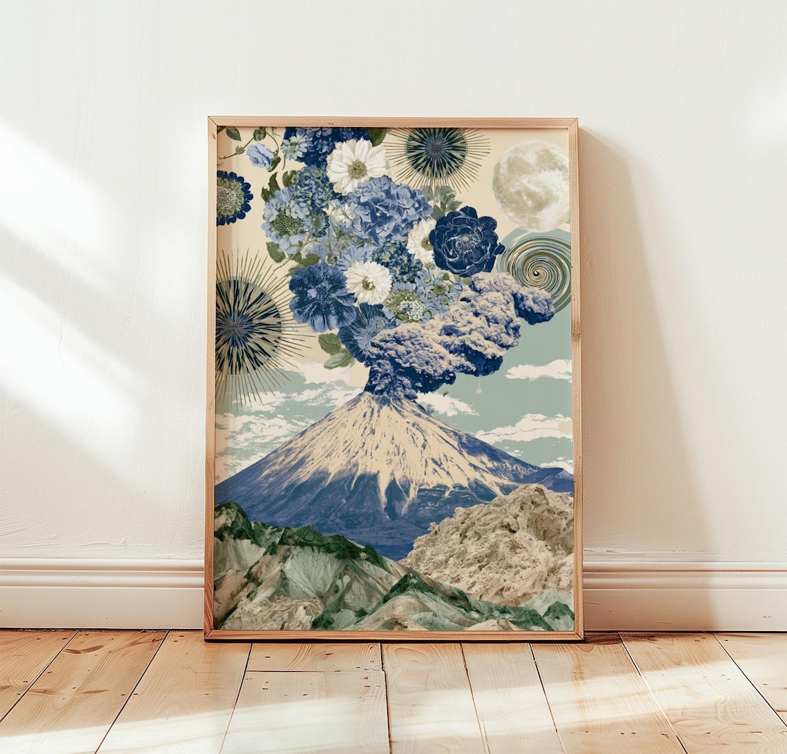Blue Floral Volcano Eruption Surreal Moonlight Collage Art Poster