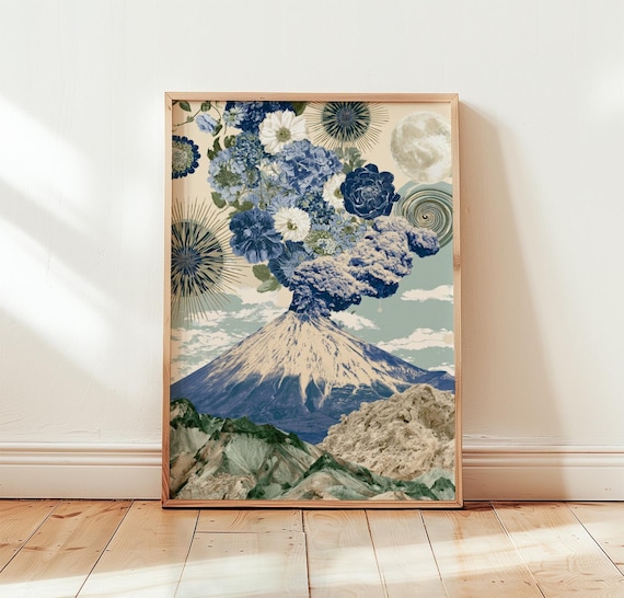 Blue Floral Volcano Eruption Surreal Moonlight Collage Art Poster