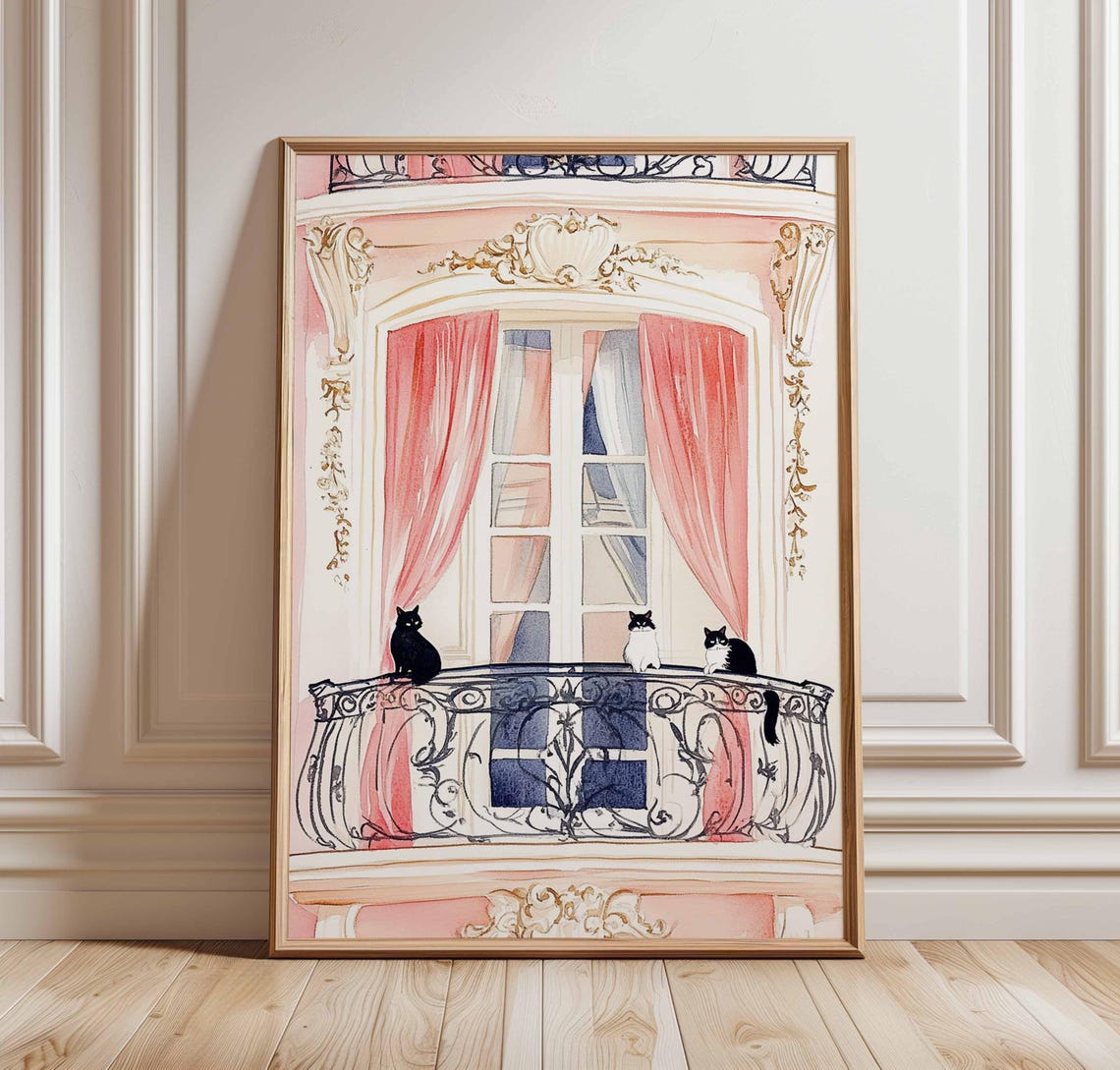 Three Cats On Parisian Balcony Pink Curtains Watercolor Art Poster