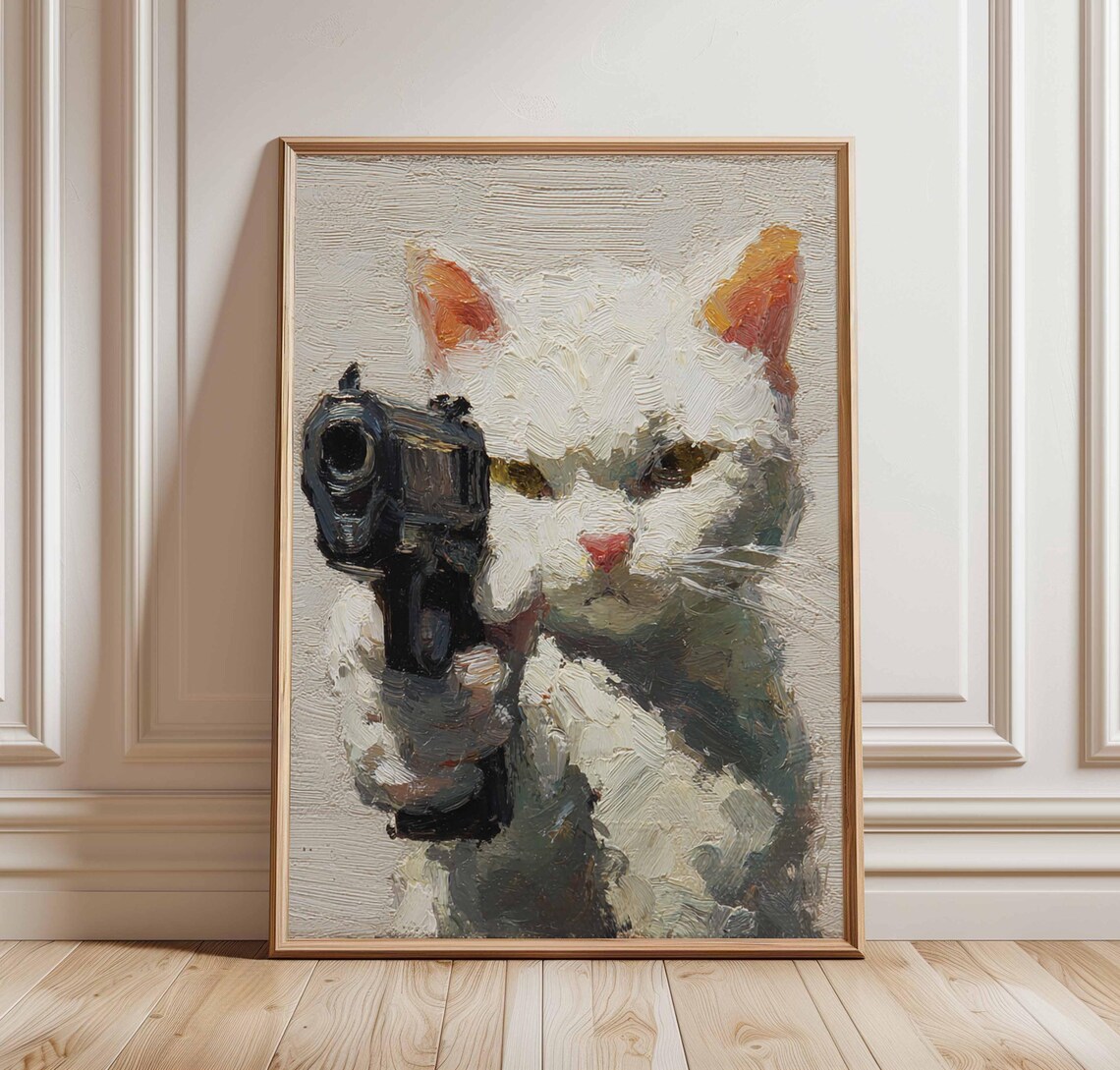 Funny Armed White Cat with Gun Oil Painting Humorous Pet Wall Art