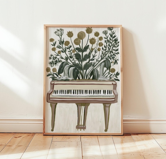 Grand Piano With Wildflowers Folk Botanical Music Art Poster