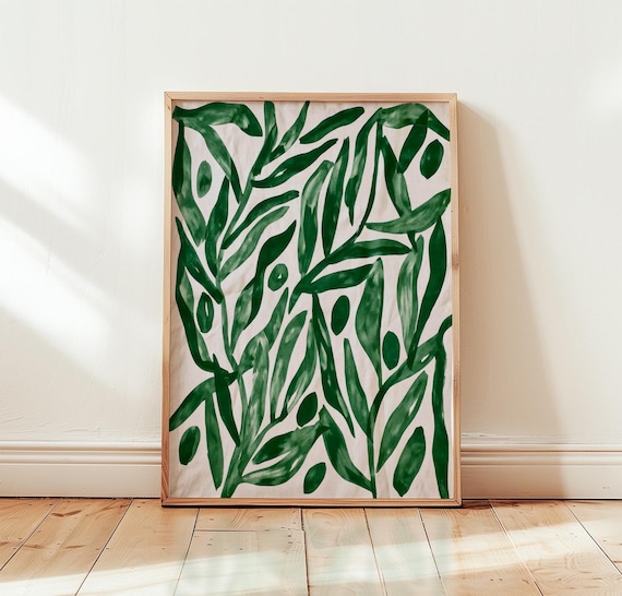 Green Olive Branch Abstract Watercolor Leaves Modern Art Poster