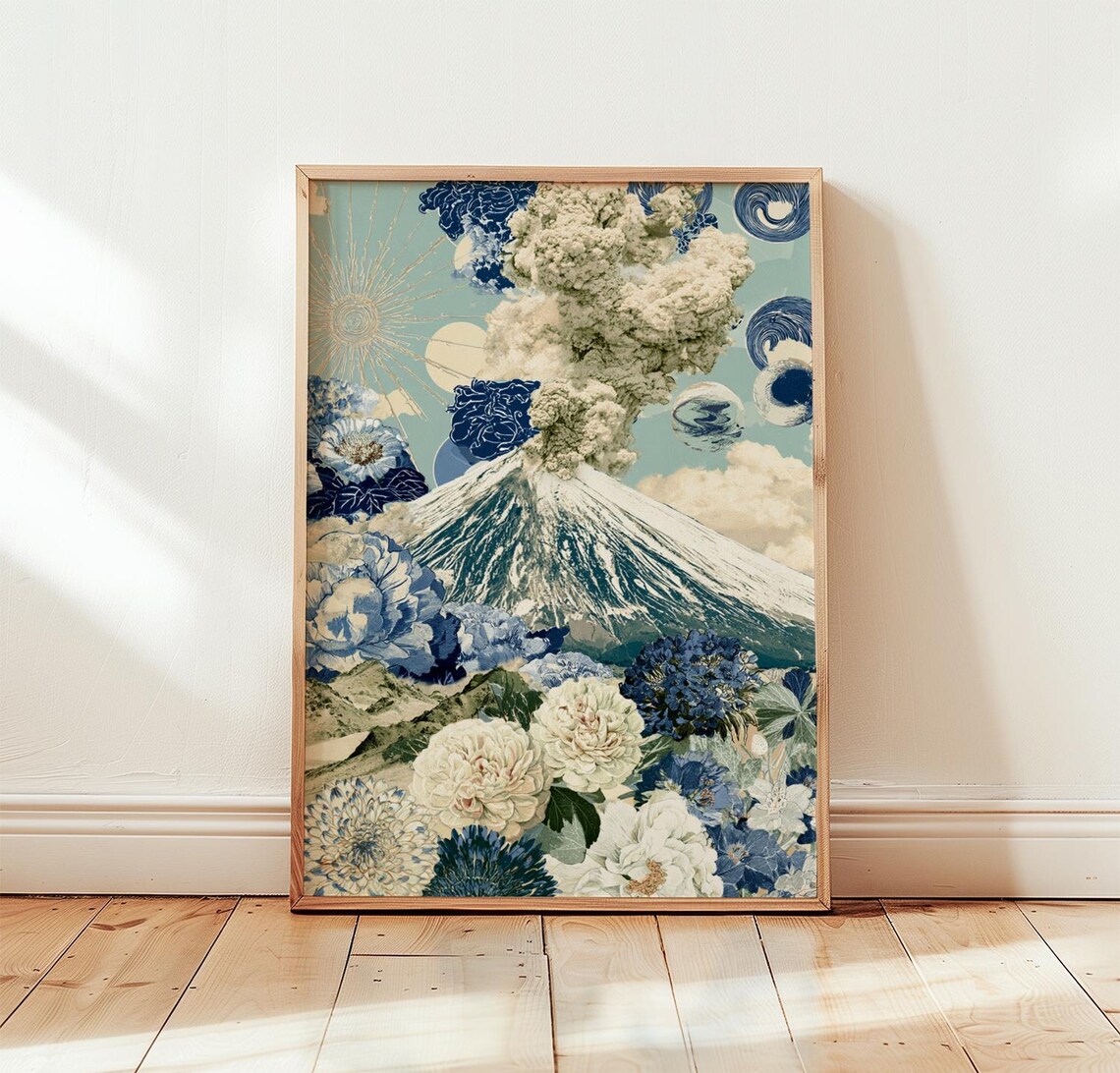 Blue Volcano Floral Mountain Poster