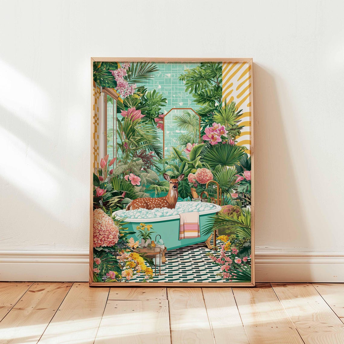 Whimsical Deer Bubble Bath Tropical Jungle Bathroom Wall Poster