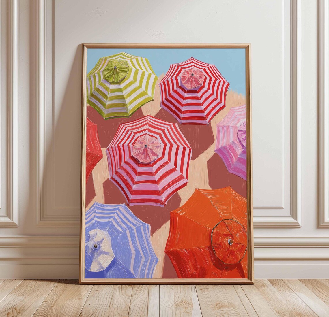 Striped Beach Umbrellas Aerial Colorful Summer Coastal Art Print