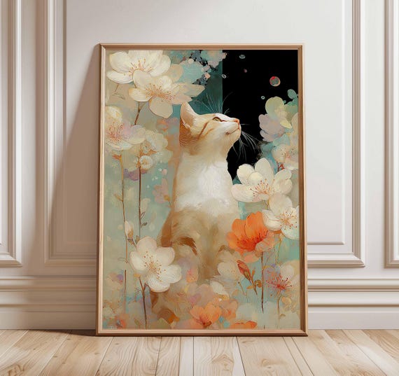 Cat And Flowers Whimsical Poster, Cottagecore Decor
