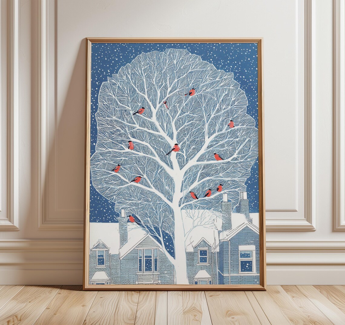 Snowy Winter Tree Red Bullfinches Starry Night Holiday Art Poster