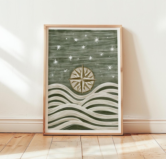 Green Compass Over Ocean Waves Starry Vintage Etching Poster