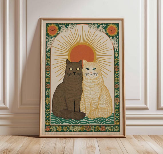 Cat Poster Wall Art Vintage Inspired Feline Artwork Sun And Moon Cats Illustration Mystical Boho Decor Celestial Print