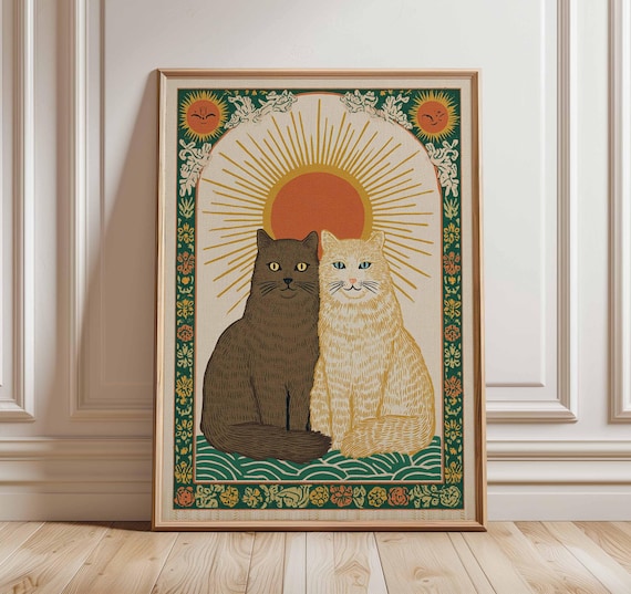 Mystical Two Cats Beneath a Golden Sun and Crescent Moons Poster