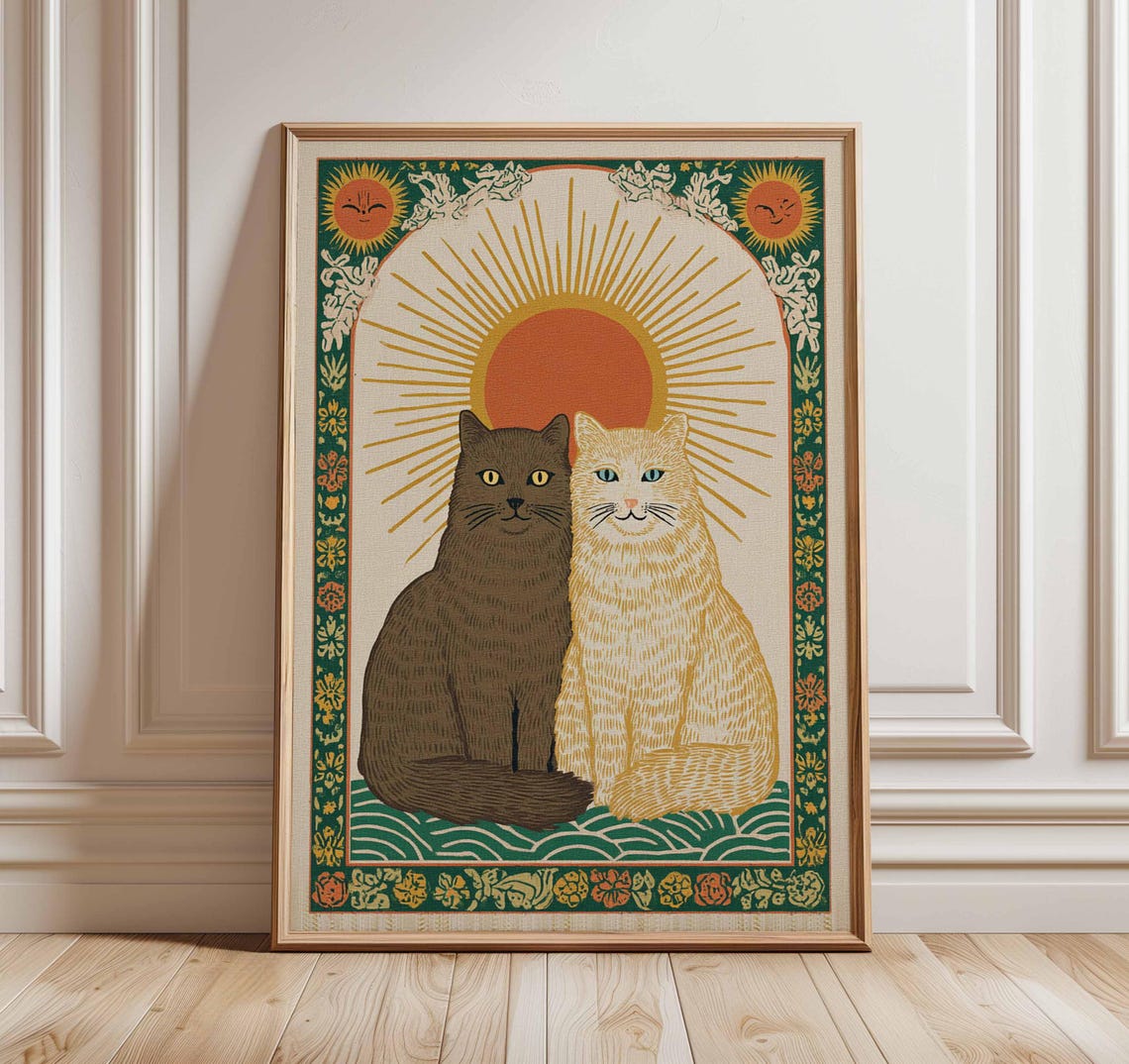 Cat Poster Wall Art Vintage Inspired Feline Artwork Sun And Moon Cats Illustration Mystical Boho Decor Celestial Print