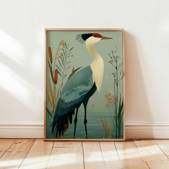 Modern Crane Wall Art Print Green Botanical Bird Poster Design Elegant Nature Unframed Decor Minimalist Wetland Illustration